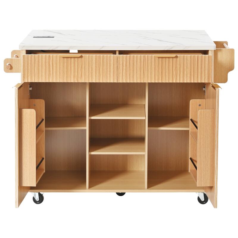 Kitchen Island with Drop Leaf & Power Outlet, Fluted Island Table on Lockable Wheels, Kitchen Cart with Adjustable Shelves