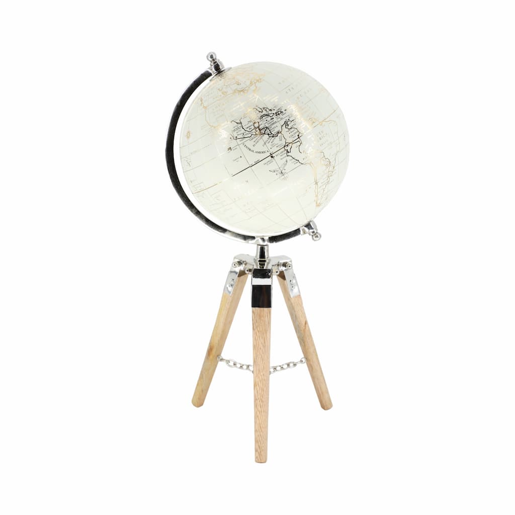 Sagebrook Home 8" Globe on Marble-Based Wood Tripod Stand, Aluminum Finish - Unique Accent Piece - 8.0" x 8.0" x 19.0"