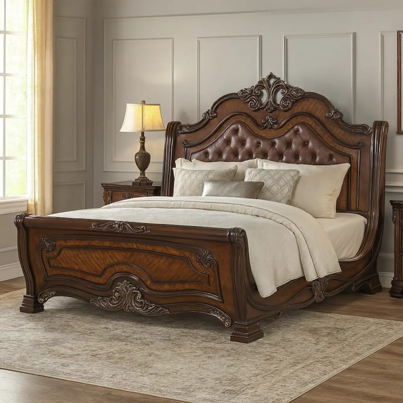 Ruth King Bed, Faux Leather Headboard with Burl Inlays, Mahogany Brown