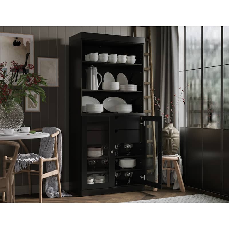 100% Solid Wood Kitchen Pantry Cabinet with 2 Clear Glass or Solid Wood Doors and 2-Drawer Organizer by Palace Imports