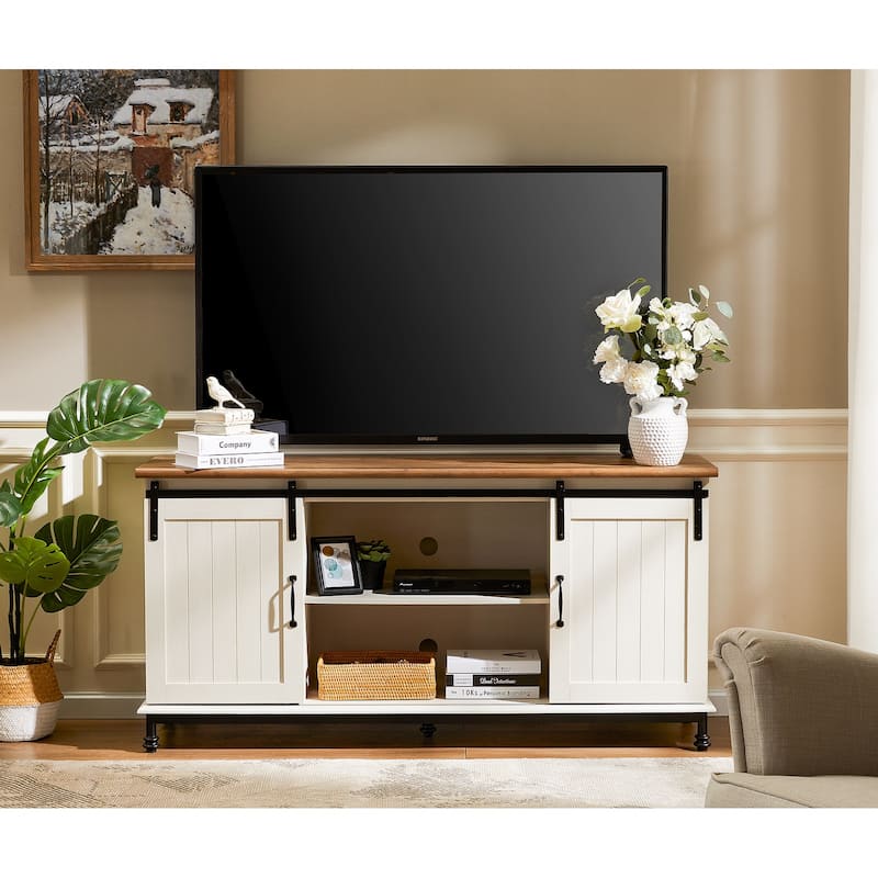 WAMPAT Farmhouse Sliding Barn Door TV Stands Storage Cabinets Entertainment Stand for TVs Up to 65"