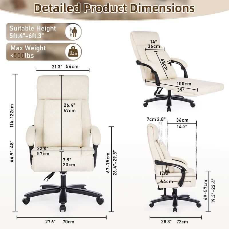 500Lbs Ergonomic Office Chair with Foot Rest, Faux Leather Executive Chair Reclining Chair, Swivel Heavy Duty Task Desk Chairs