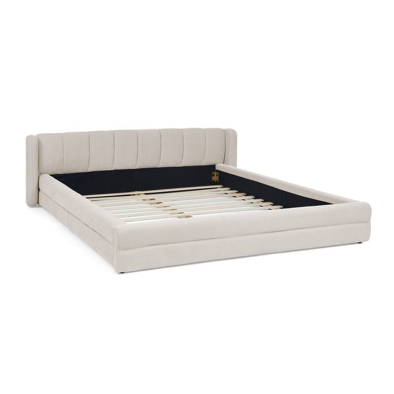 Queen Size Upholstered Platform Bed with Thick Chenille Fabric, Solid Frame & Headboard, Beige