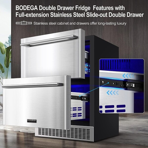 BODEGACOOLER 24 inch Under Counter Double Drawer Fridge Stainless Steel Beverage Fridge for Home Commercial Use 23.42 x 20.98 x 33.46 Inches