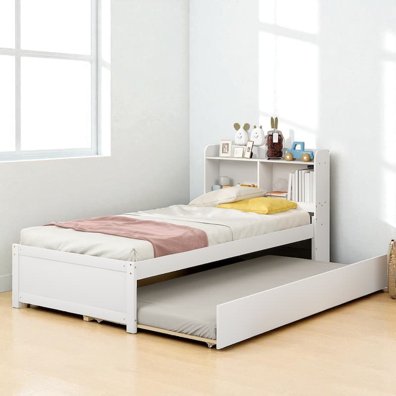 Twin/Full Bed Frame with Pull-Out Trundle and Bookcase Headboard, No Box Spring Needed