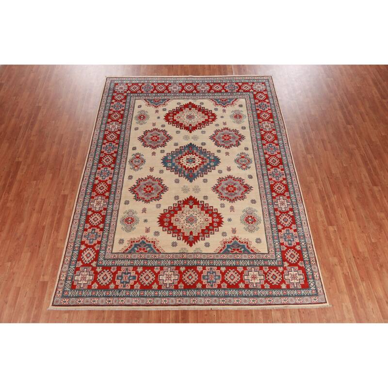 Hand Knotted Oriental 100% Wool Carpet Traditional Geometric Beige & Ivories Kazak Area Rug - 11' 1'' X 8' 4''