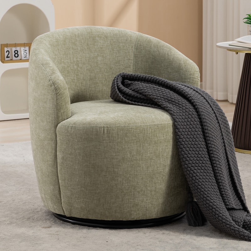 25.6" Swivel Barrel Chair with Black Coating - Light Green Chenille