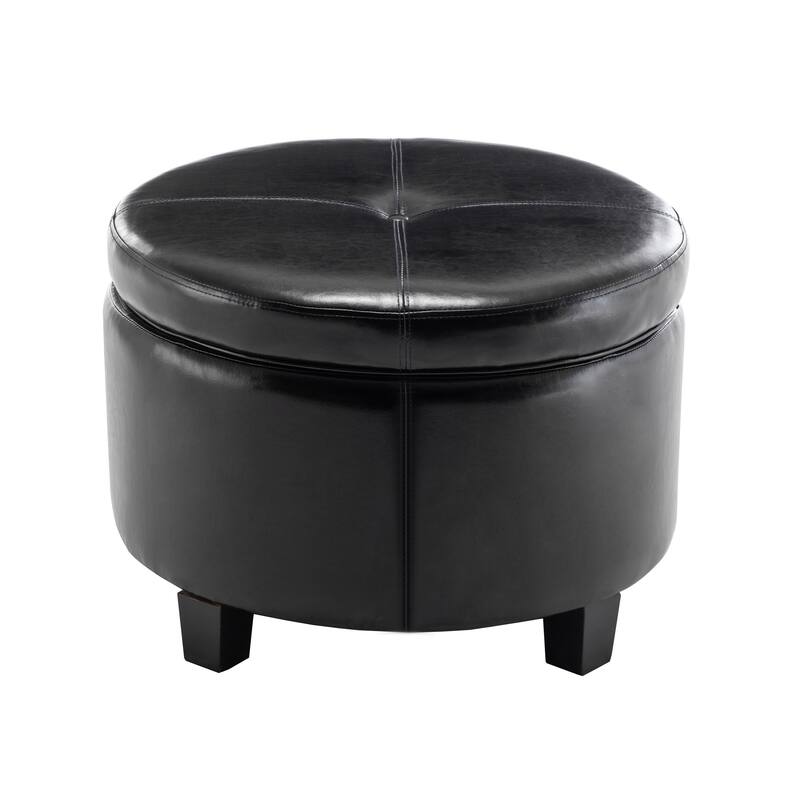 Porthos Home Donn Faux Leather Round Storage Ottoman with Rubberwood Legs - Black