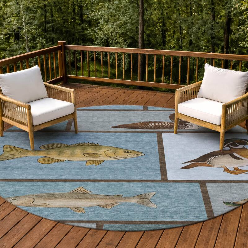 Machine Washable Indoor/ Outdoor Cabin Lodge Chantille Rug - Teal - 8' x 8'