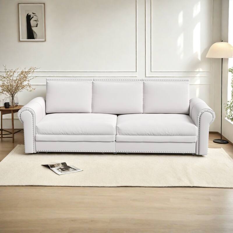 93.7"Velvet 3-Seater Sleeper Sofa 3-in-1 with Rolled Arms & Nailhead Trim - Beige