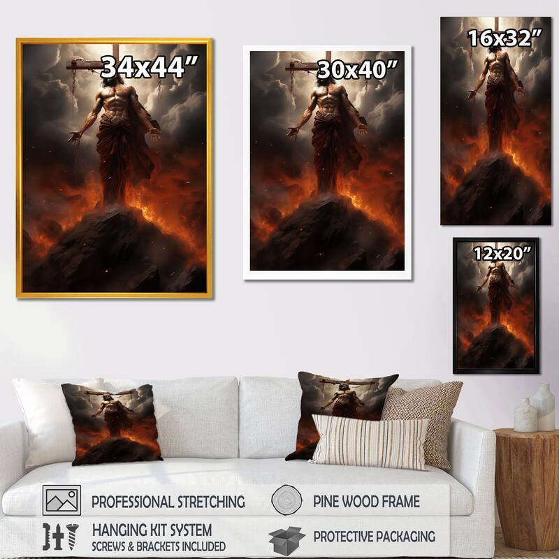 Designart "Jesus Christ Holy Cross Divine II" Christianism Wall Art Orange Traditional Wrapped Canvas For Hallway Décor