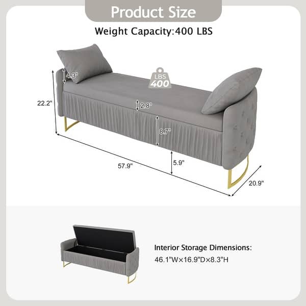 dimension image slide 4 of 5, 2-Piece Bedroom Set with Velvet Upholstered Bed and Storage Ottoman Bench by Harper&Bright Designs