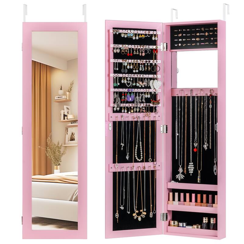 Wall Mounted or Door Hanging Jewelry Cabinet with Full Length Mirror and Inner Makeup Mirror - 12.5" x 3.7" x 43.5"