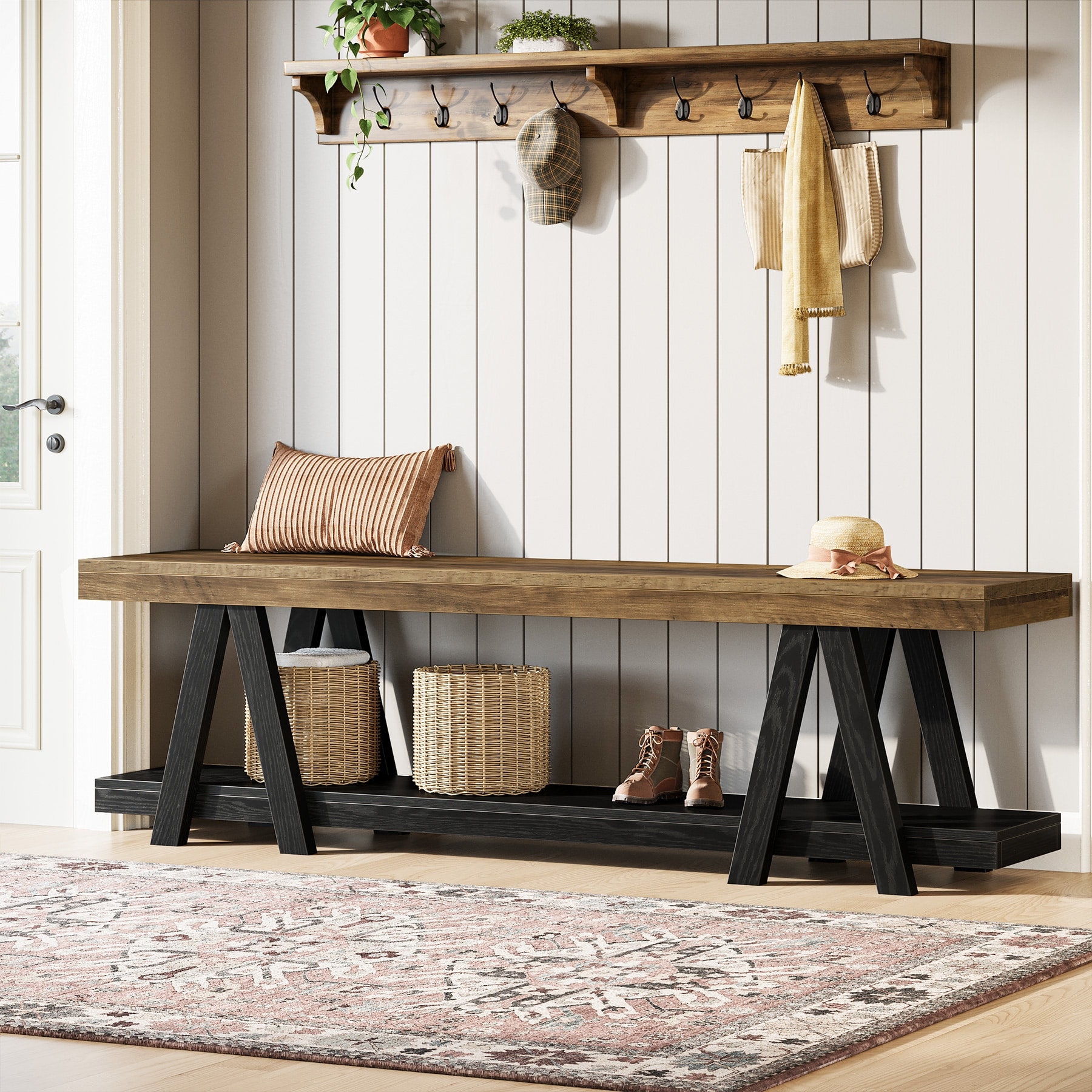 Entryway Bench with Shoe Storage, 2-Tier 59'' Bedroom Dining Bench