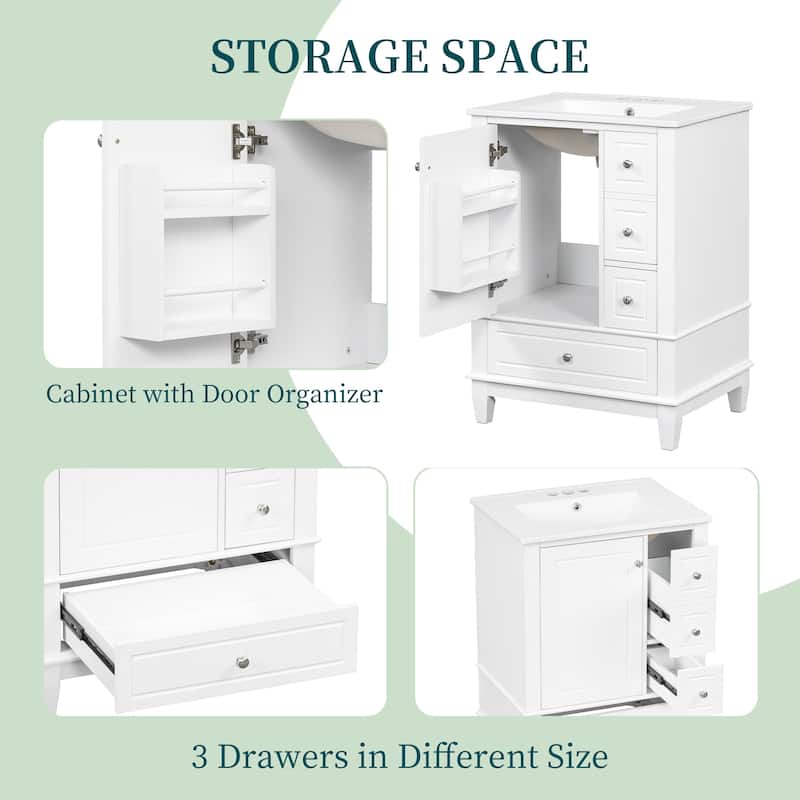 24" Bathroom Vanity with Sink, Freestanding Cabinet with Drawers and Shelves, Ceramic Top, MDF and Solid Wood