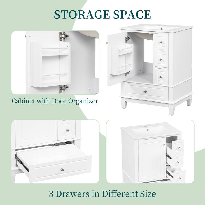 Roomfitters 24" Bathroom Vanity with Sink, Solid Wood Frame, 3 Drawers & Side Cabinet with Door Racks