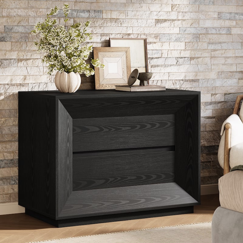 35.4" W Nightstand, Oak Large Night Stand with 2 Drawers - 2-drawer - Black