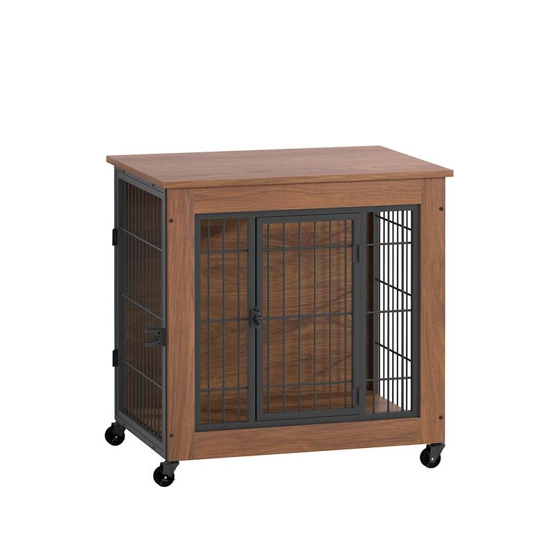 27.2" Dog Crate Furniture with Wheels for Small Dogs, Heavy Duty Dog Kennel Indoor with 2 Doors, Double-Doors Sturdy Dog Cage