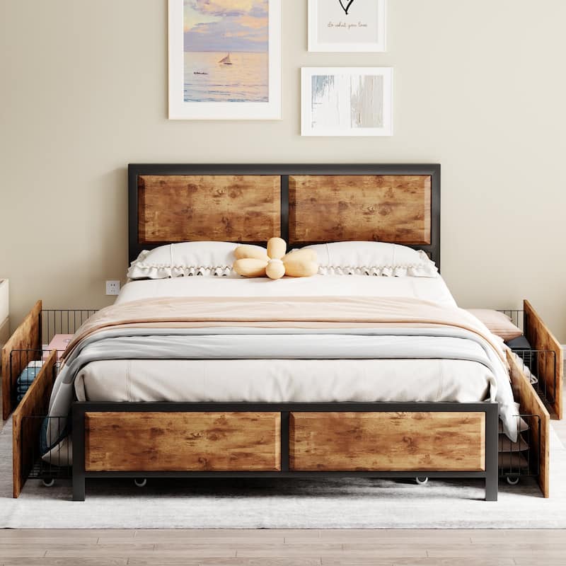 VECELO Upholstered Full/Queen Size Brown Platform Bed Frame with 4 Storage Drawers and Headboard - Full