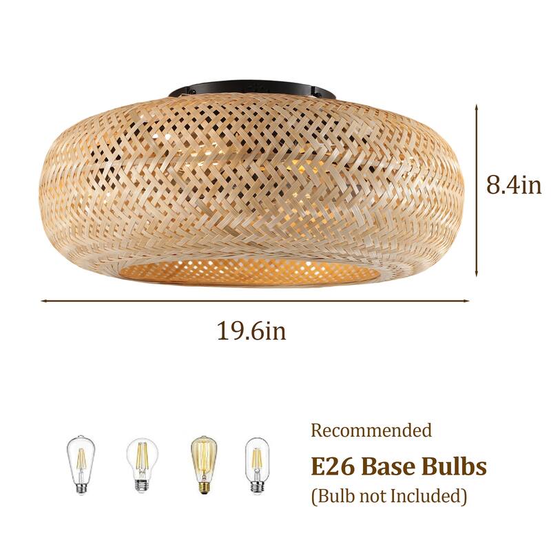 19" Rattan Ceiling Fan with 4 Bulbs, Dimmable, Remote Control,7 Blades, Reversible DC Motor - Yellow Brown