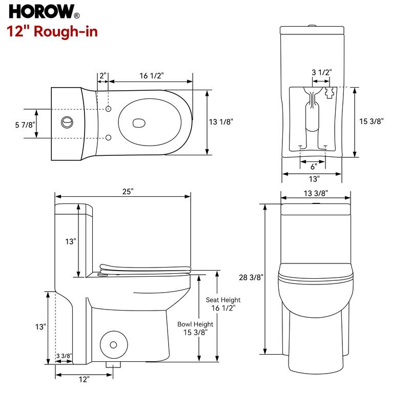 HOROW 1 Piece Dual Flush Toilet White 0.8 1.28 GPF Durable UF Seat Included - N/A