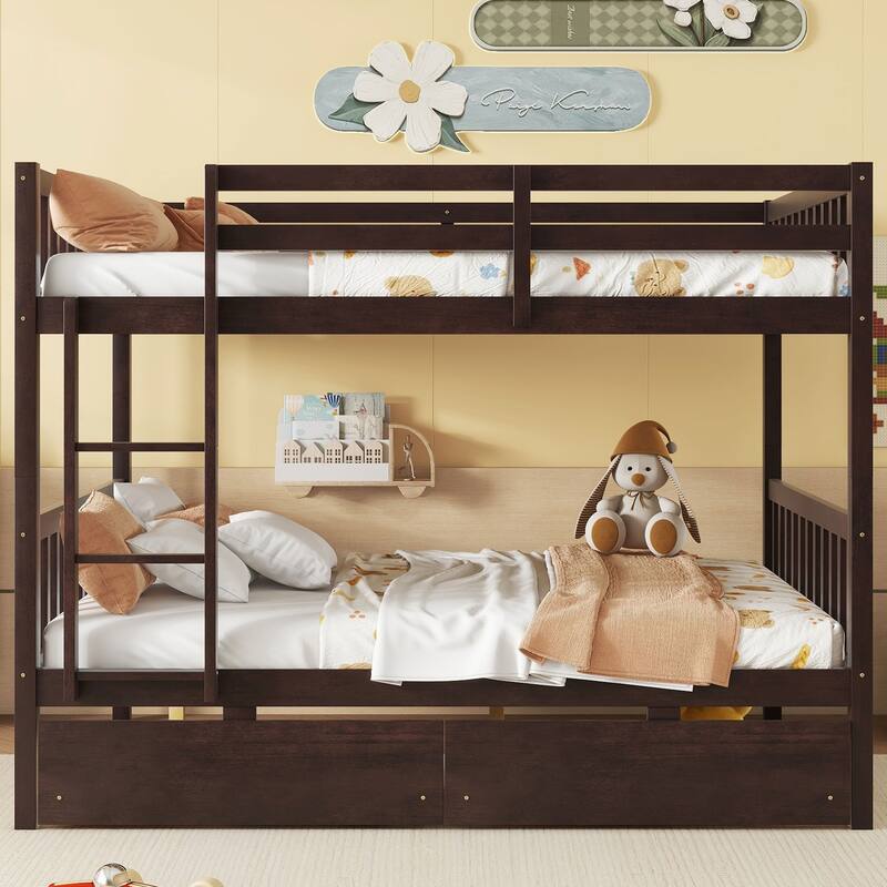 White Full Over Full Bunk Bed with Detachable Feature, 2 Storage Drawers, Ladder, and Safety Guardrails - Espresso - Full