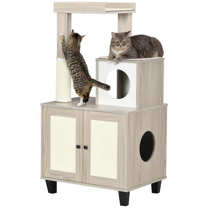 PawHut Cat Litter Box Enclosure Furniture with Cat Tree, Hidden Litter Box with Scratching Post - grey