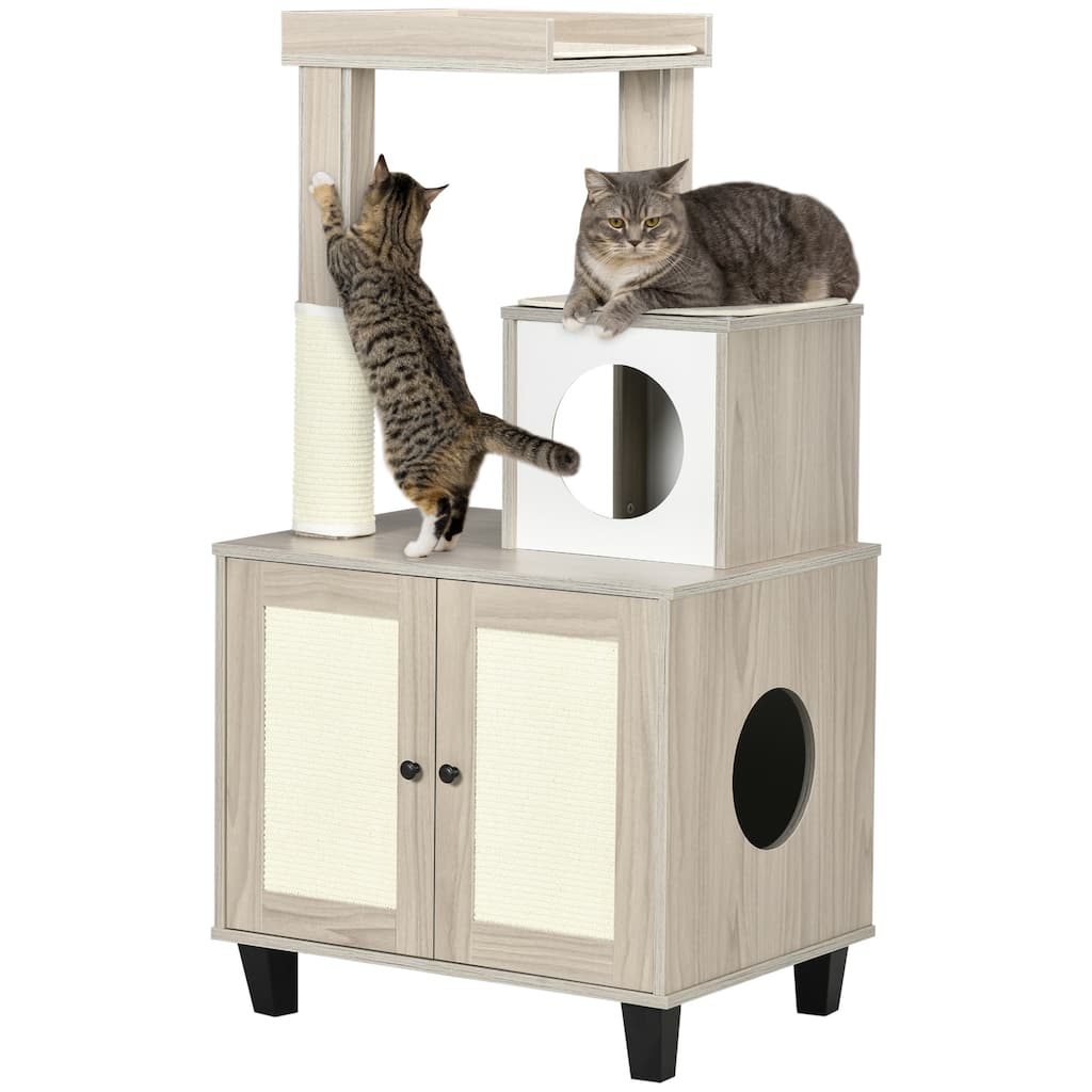 PawHut Cat Litter Box Enclosure Furniture with Cat Tree, Hidden Litter Box with Scratching Post