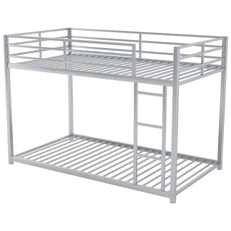 Twin/Full Size Metal Low Bunk Bed, Heavy Duty Steel Bunk Bed Frame with Built In Ladder and Guardrail