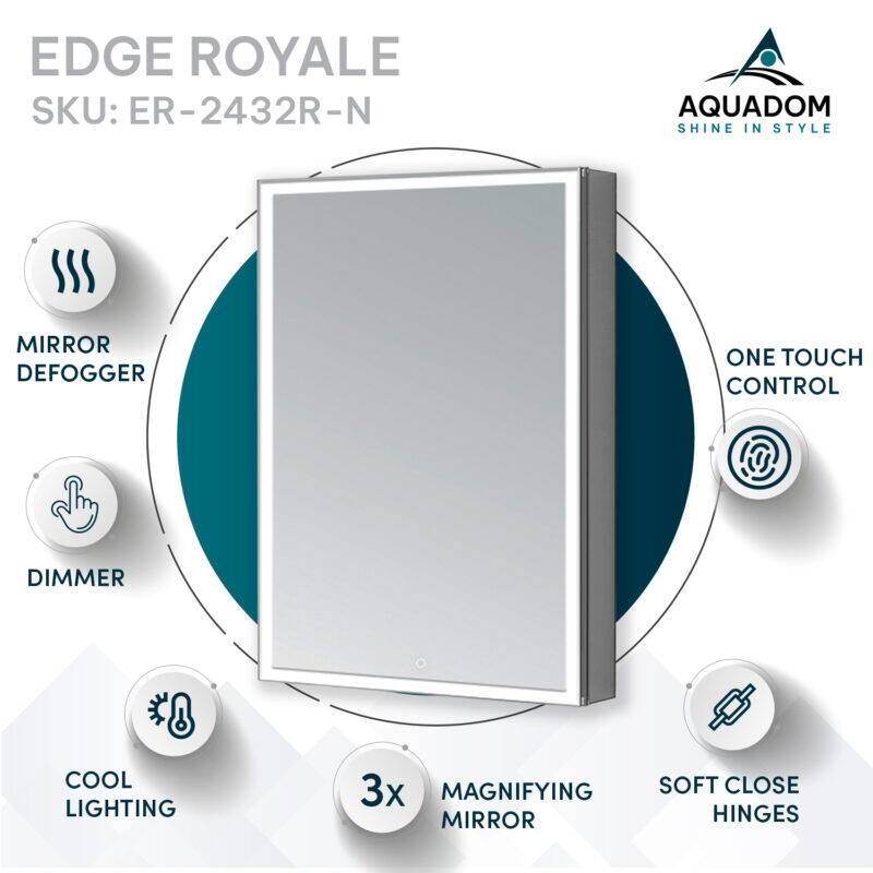 AQUADOM Edge Royale 24W Bathroom Led Lighted Medicine Cabinet Defogger, 3X LED Adjustable Magnifying Mirror, Electrical Outlets