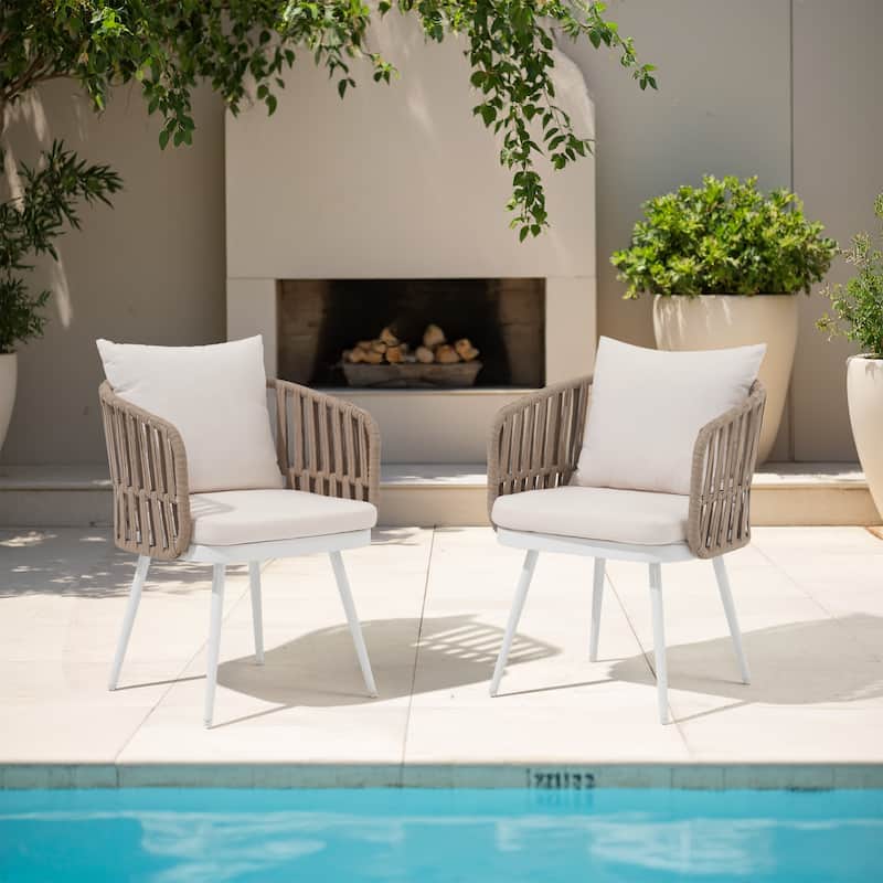 Patio Dining Chair Set - Metal Frame with Woven Rope Seat - 2-Piece Linen-colored Weave