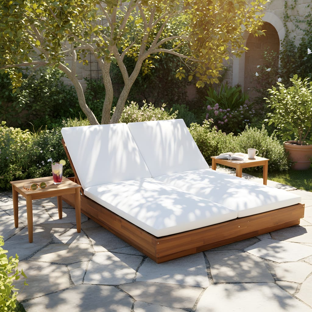 Christopher Knight Home - Outdoor Acacia Wood 5-Position Adjustable Double Sunlounge Set with 20" Square Slat Side Table