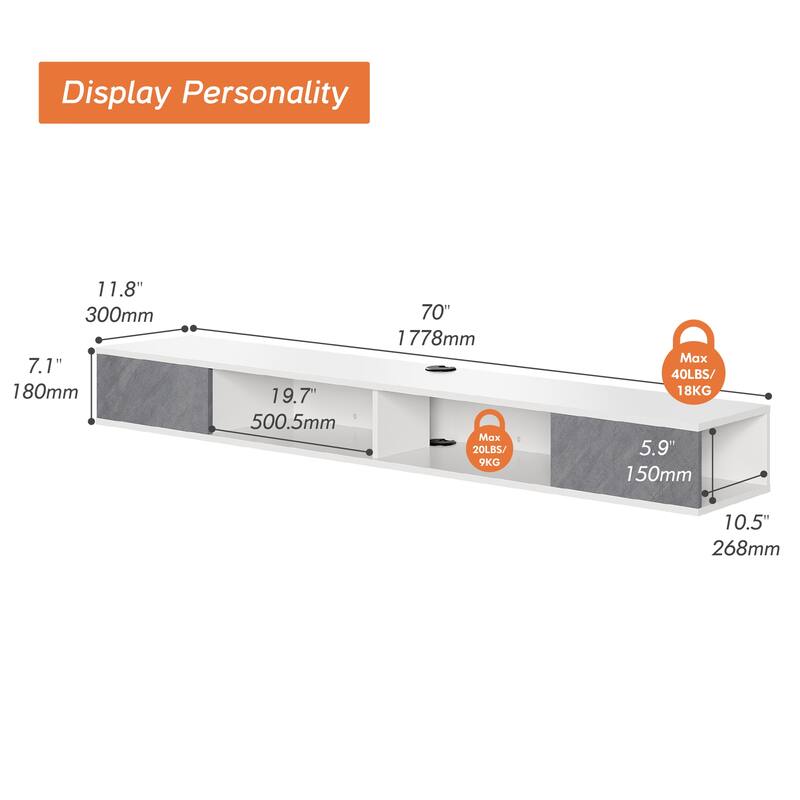 Floating TV Stand Entertainment Center with Open Storage,White and Grey
