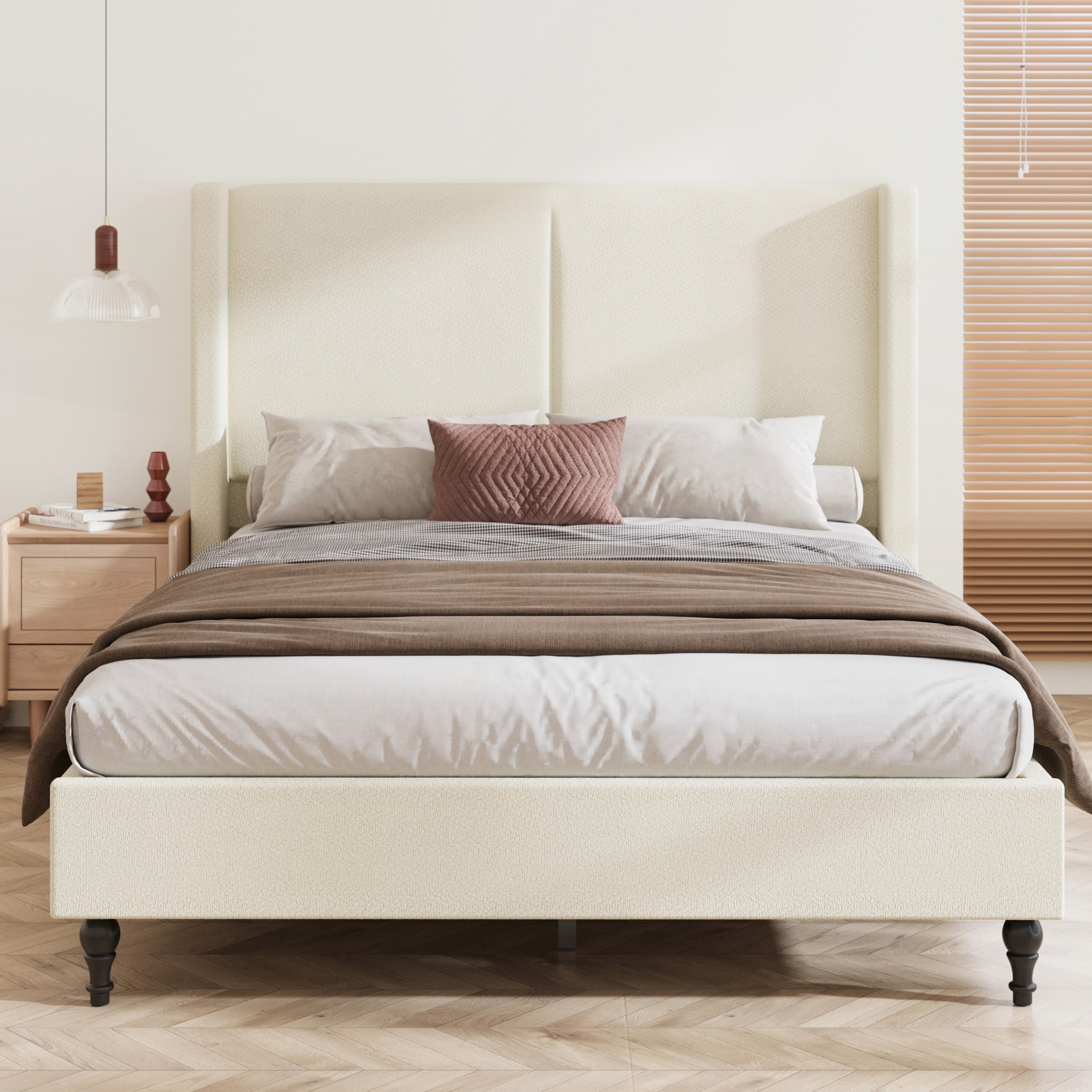 Boucle Fabric Bed Frame with 55.5in High Back Upholstered Headboard