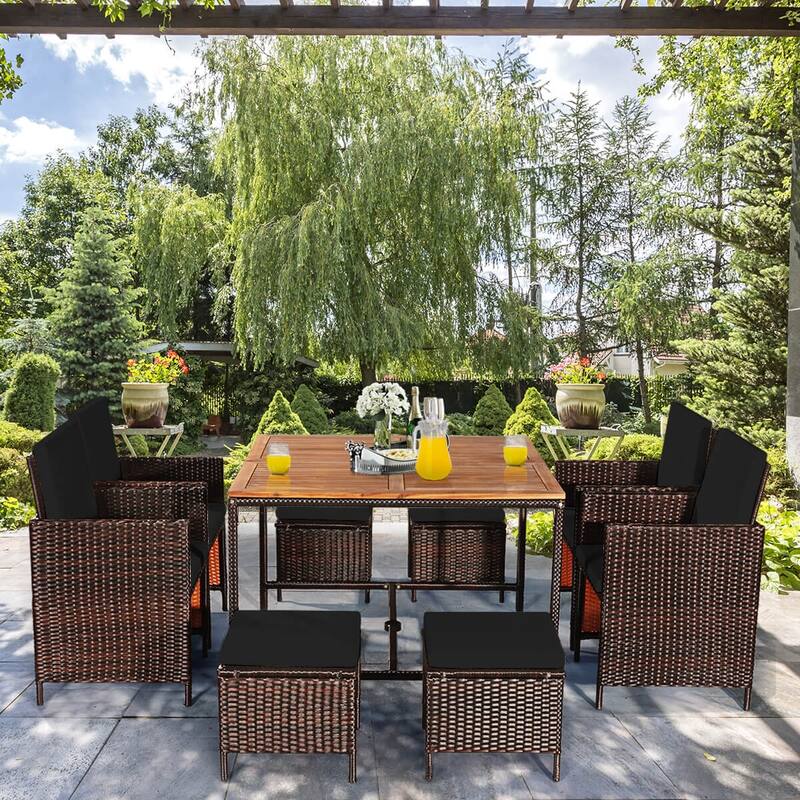 Costway 9PCS Patio Rattan Dining Set Cushioned Chairs Ottoman Wood - See Details