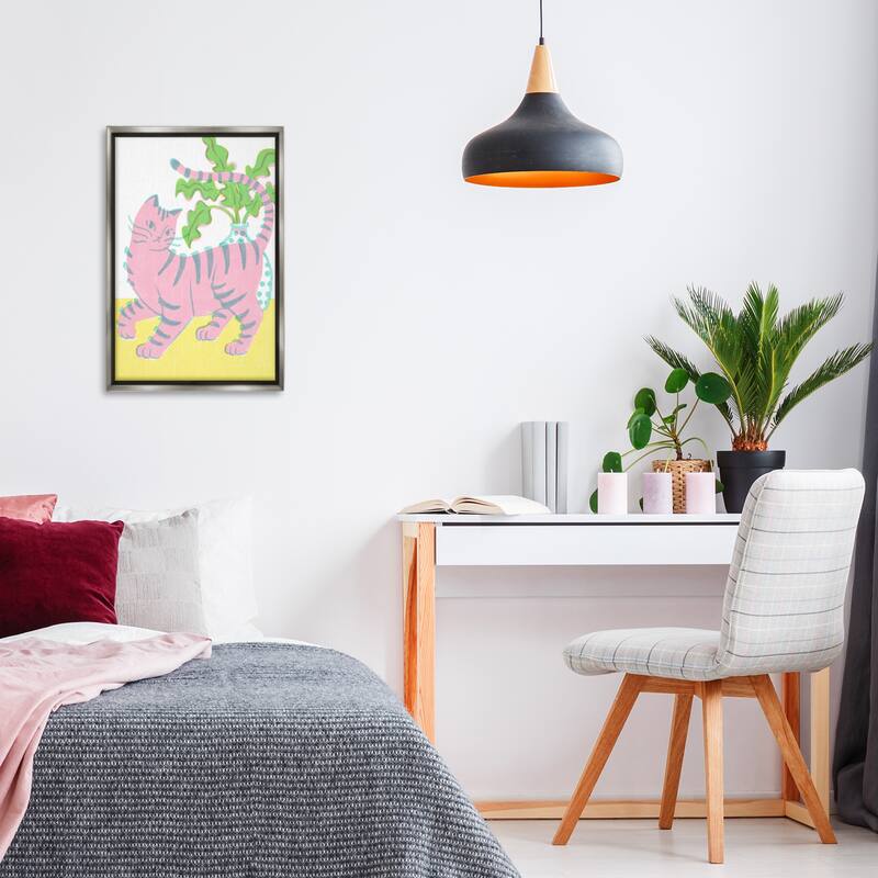 Stupell Pink Cat & House Plant Framed Floater Canvas Wall Art Design By Hannah Moren