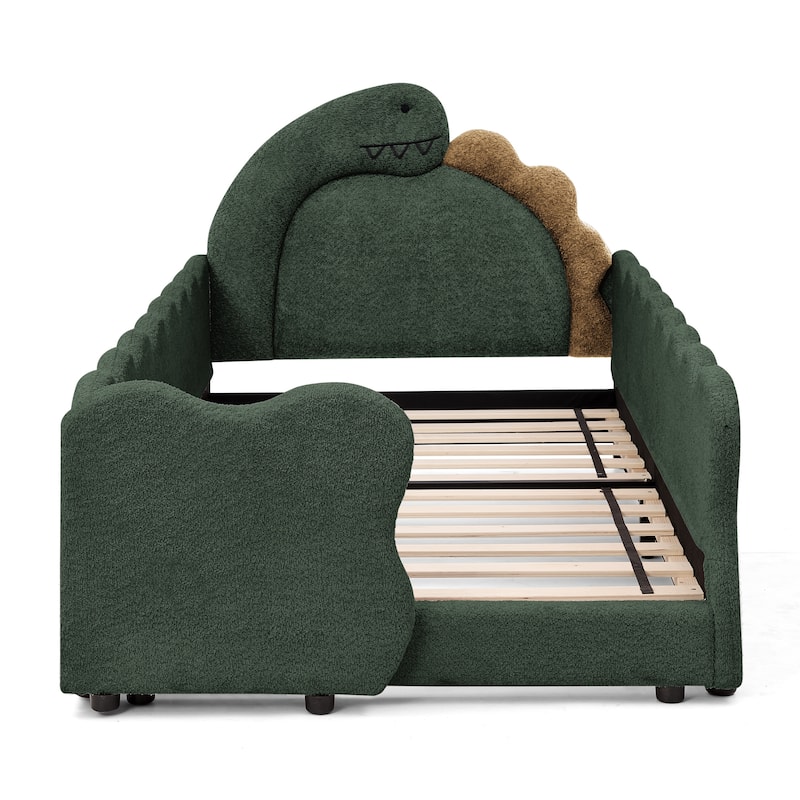 Twin Dinosaur-Shaped Kids Bed with Safety Guardrail - Solid Wood Toddler Bed Frame in Boucle Fabric