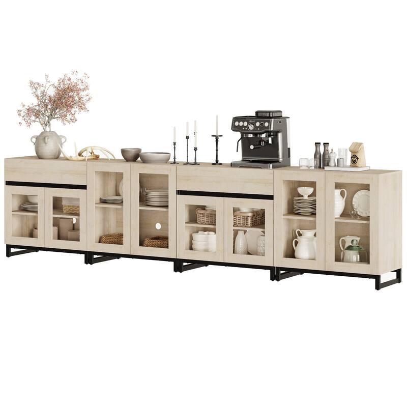 4 in 1 Multifunctional Dresser with Glass Doors & 2 Drawers, Adjustable Shelf & Metal Base Storage Cabinet