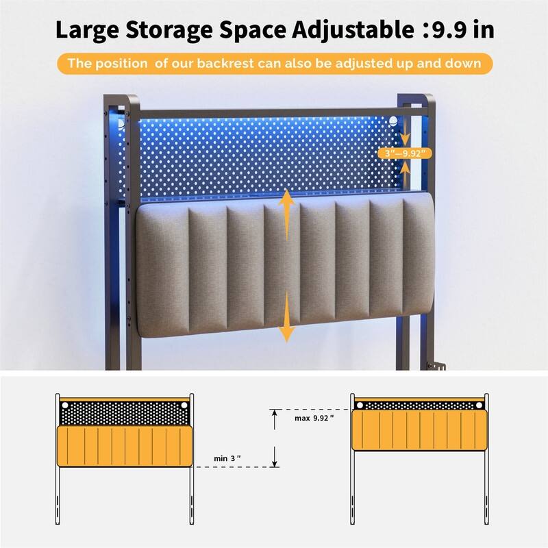 Adjustable Upholstered Headboard with 2 Tier Shelves with Charging Stations and LED Lights, Modern Bed Headboard with Storage