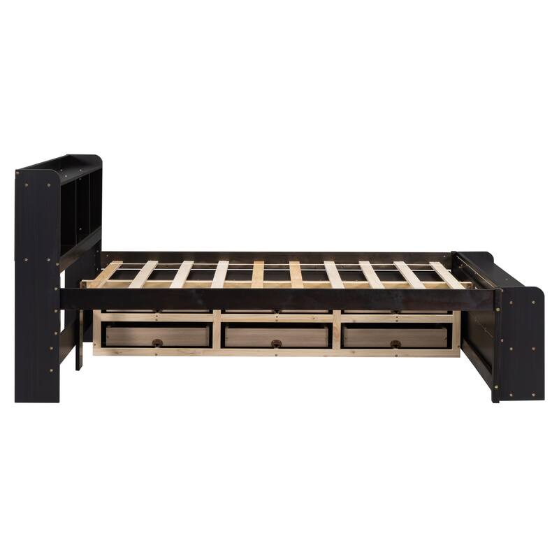 Bed with Bookcase Headboard and Under bed Storage Drawers