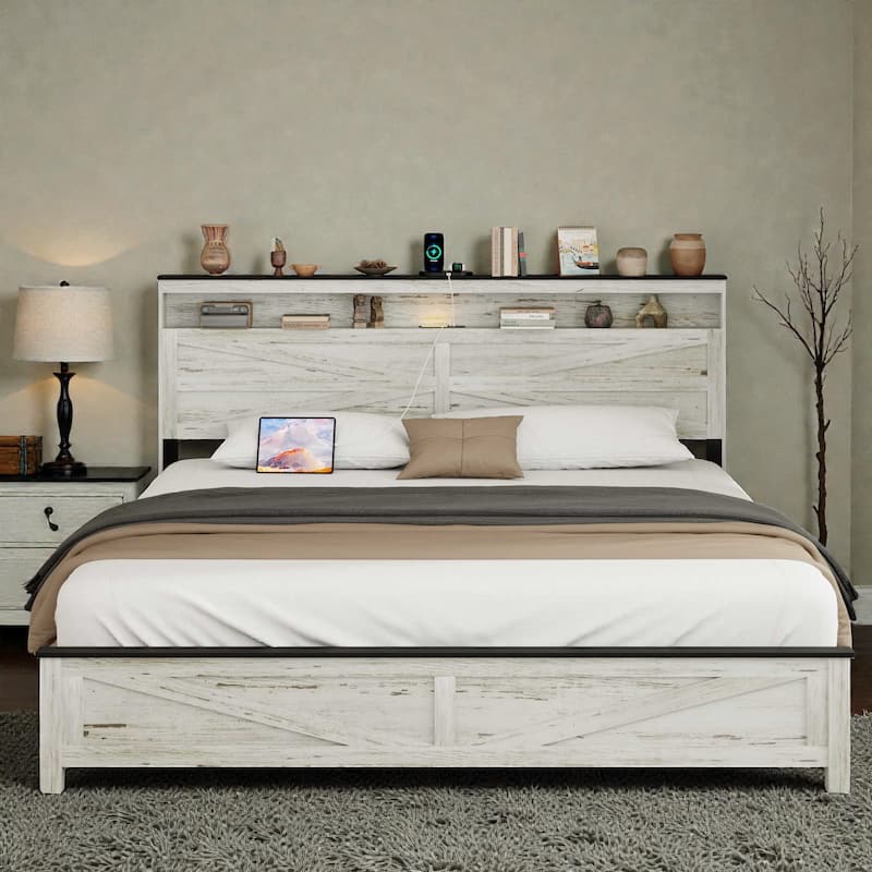 Floating Platform Bed Frame with LED Lights, Charging Station, Headboard & Hidden Storage, No Box Spring Needed - White Grey - King
