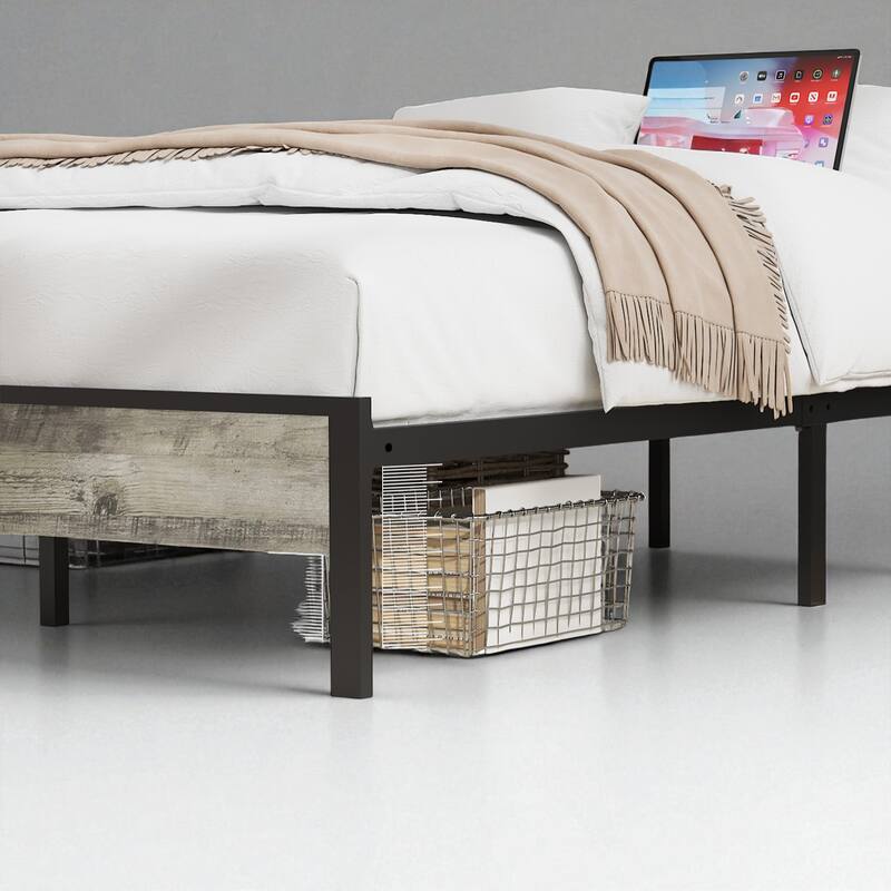 Twin/Full Size Bed Frame with Headboard Storage and Built-In Charging Station, Sturdy Wood & Metal Design