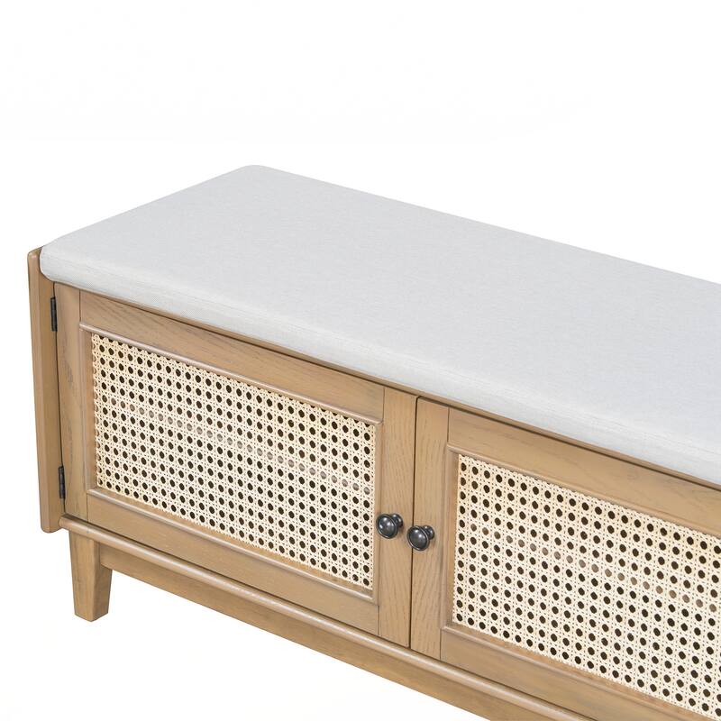 Rattan Entryway Bench with Storage, Cushioned Shoe Bench with Double Doors