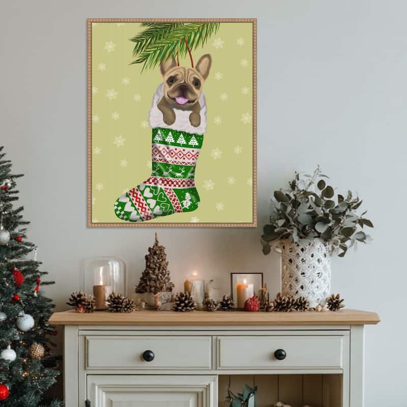 French Bulldog in Christmas Stocking by Fab Funky (23 x 28 in.), Framed Canvas Wall Art Print - Sylvie Beaded Rustic Natural