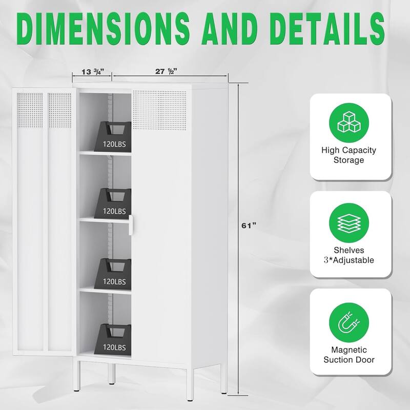 Modern Metal Pantry Cabinet with Magnetic Doors & Adjustable Shelves, Sideboard Cabinet with Non-Slip Adjustable Feet