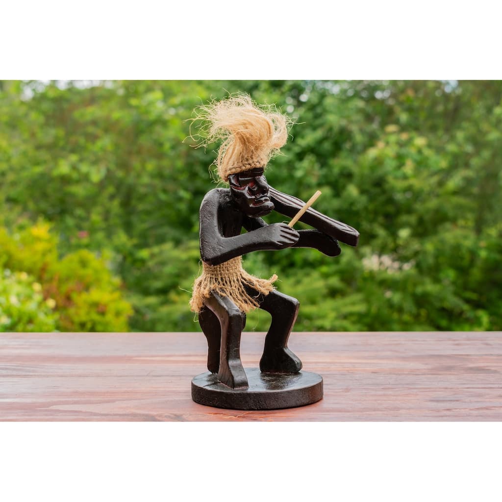 Handmade Wooden Primitive Tribal Playing Violin Funny Statue Sculpture Tiki Bar Handcrafted Unique Gift Home Decor Figurine