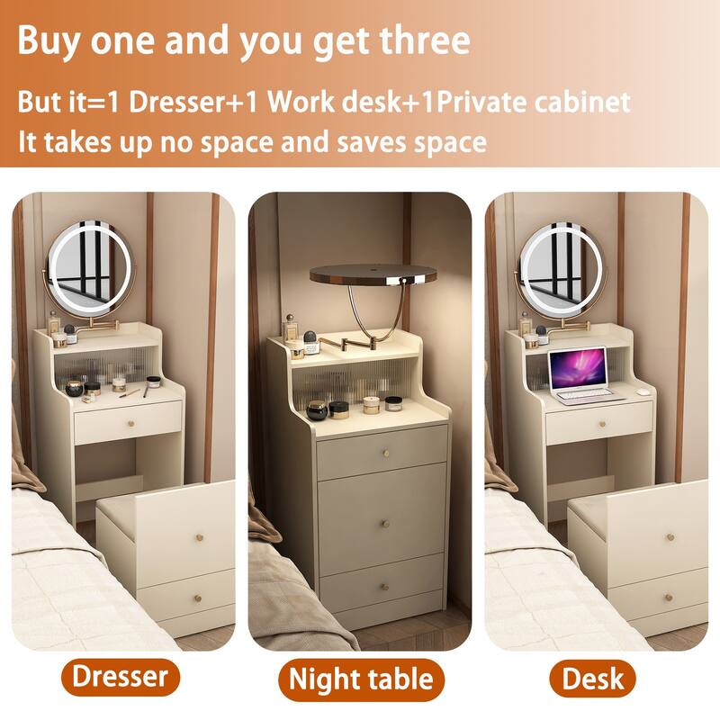 3 in 1 Small Vanity, Makeup Table with Mirror and Light, Vanity Table Set with 2 Drawers and Upholstered Stool