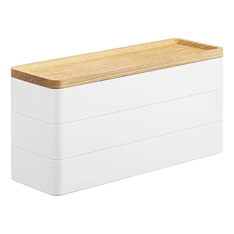 Yamazaki Home Stacking Accessories or Watches Case - Two Styles, Plastic and Wood, Accessories - L 3.1 x W 9.4 x H 4.5 inches - White