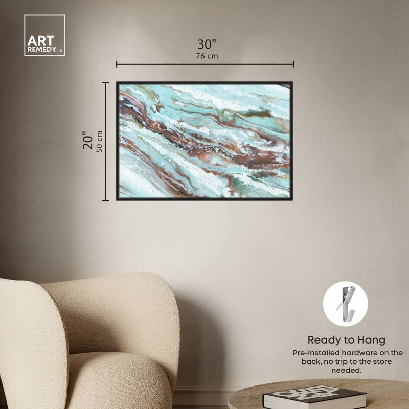 Art Remedy Mint Waves Framed Blue Abstract 1 Piece Canvas Wall Art