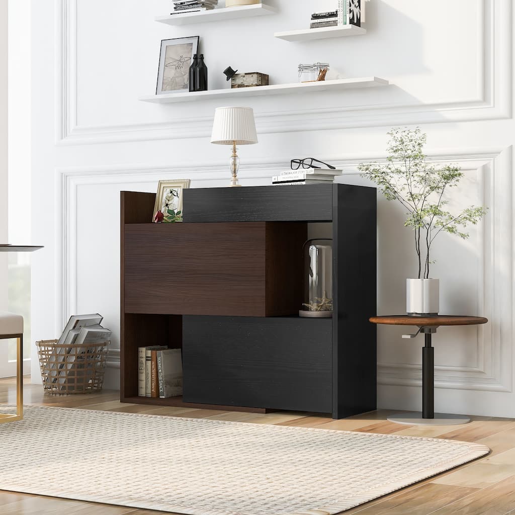 Roomfitters 32.5''-58.8'' Storage Cabinet, Multifunctional Buffet Sideboard Cabinet with Shelves for Living Room, Black & Walnut